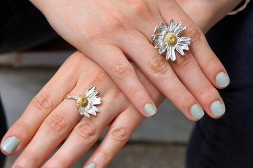 Floral Statement Ring: Real Daisy in Recycled Silver (Eco Friendly)-1